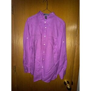 Lauren Ralph Lauren Womens Linen Button Down Shirt Long Sleeve Roll Tab Sz 2X